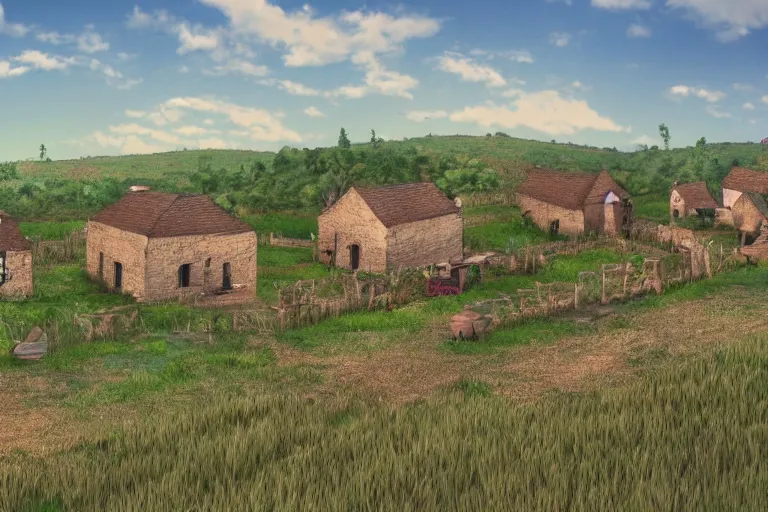 Image similar to wide shot of a rural countryside village in the style of carl valente