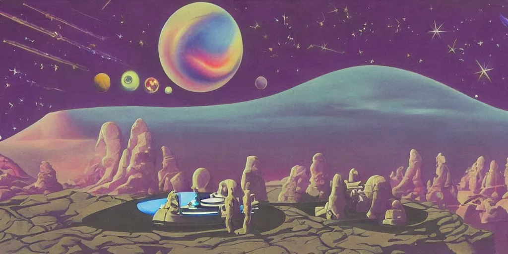 Image similar to surreal painting by chesley bonestell!!, twelve astronauts sitting by the river with a big holiday cake + psychedelic vegetation + purple, pink, blue + planets and stars + mystical fog, vintage sci - fi style of the 5 0 s, rule of the third!!!!, line graphics, 8 k, super detail, high quality