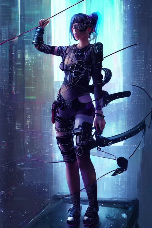 Prompt: portrait futuristic adorable cyberpunk young female archer, in futuristic stormy thunder light tokyo rooftop cyberpunk night, ssci-fi, fantasy, intricate, very very beautiful, elegant, neon light, highly detailed, digital painting, artstation, concept art, soft light, hdri, smooth, sharp focus, illustration, art by tian zi and craig mullins and WLOP and alphonse mucha