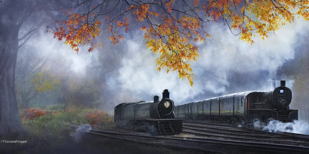 Image similar to A mysterious Hogwarts train in autumn arrives at a station. The leaves on the trees are changing color and falling to the ground. The air is cool and crisp. The train is long and black, and steam is coming out of the engine. The station is busy with people coming and going. by Alejandro Burdisio, Andreas Rocha, Tuomas Korpi, immaculate scale, hyper-realistic, Unreal Engine, Octane Render, digital art, trending on Artstation, 8k, detailed, atmospheric, immaculate