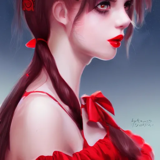 Prompt: a girl wearing lolita clothes, red lipstick, ponytail, highly detailed, digital painting, artstation, concept art, smooth, sharp focus, illustration