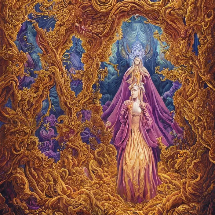 Image similar to beautiful oil painting, full length portrait of dauphinois in baroque coronation robes 1701, Dan Mumford, Dan Mumford, Alex grey, hyacinthe rigaurd, highly detailed , lsd visuals, dmt fractal patterns, hallucinogen, visionary art, psychedelic art, ornate, vaporwave, baroque, Greg rutkowski