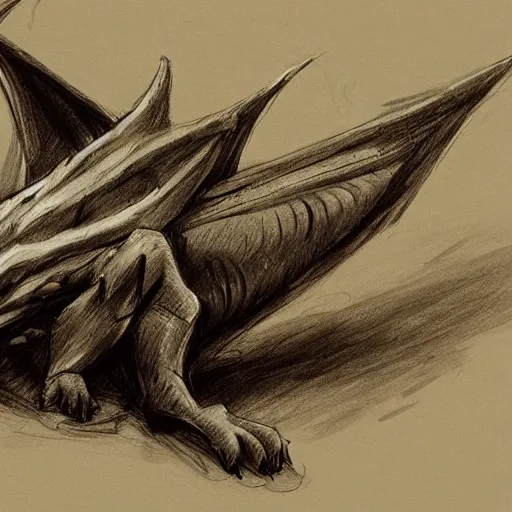 Prompt: sketch of a dragon resting on a hill, detailed, artstation, old