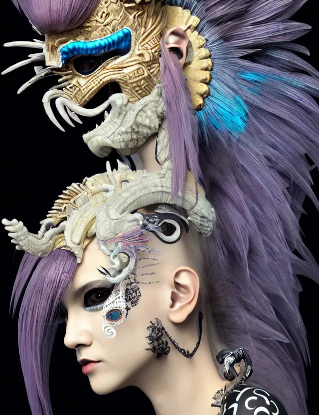 Image similar to 3 d goddess close - up profile portrait punk with mohawk with ram skull. beautiful intricately detailed japanese crow kitsune mask and clasical japanese kimono. betta fish, jellyfish phoenix, bio luminescent, plasma, ice, water, wind, creature, artwork by tooth wu and wlop and beeple and greg rutkowski