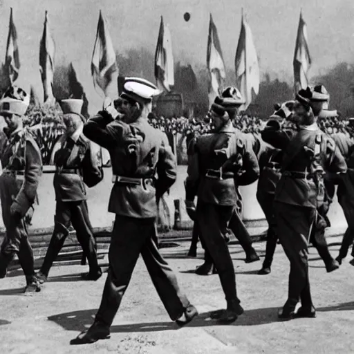 Image similar to ancient greek amphora of stalin saluting in front of a military parade