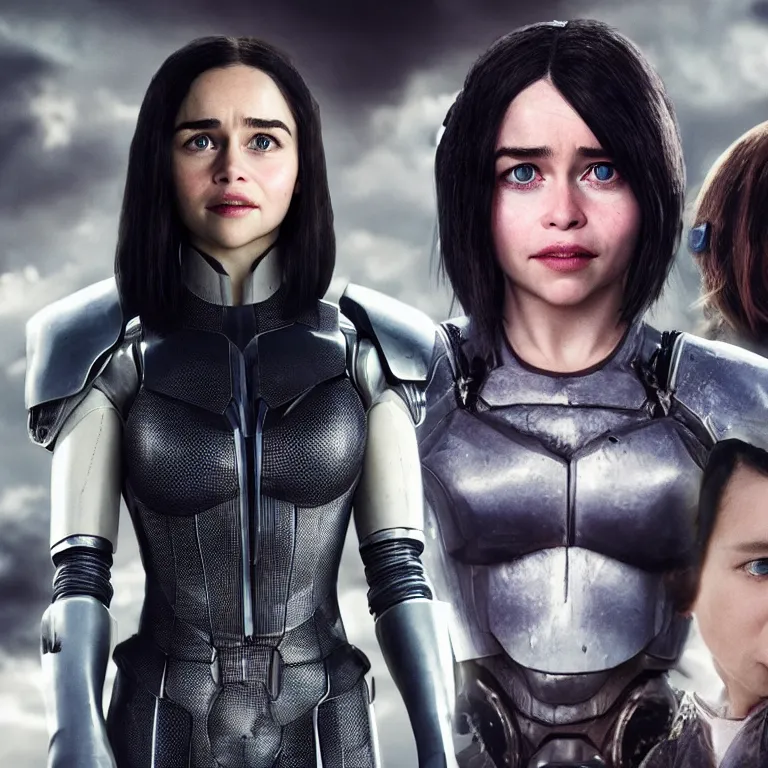 Prompt: scifi emilia clarke looks like alita battle angel, big eyes, smiling face, extremely high detail, extremely high detailed face, cyborg, photorealism, emilia clarke, sony a 7 r