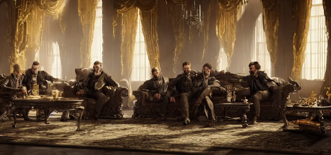 Prompt: a highly detailed picture of the reaction guys sitting on a couch that looks like the iron throne, four excited men, 8 k, artstation, volumetric lighting, smooth, highly detailed, octane render, by andres rocha and albert bierstadt and greg rutkowski