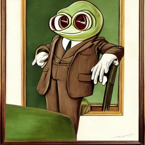 Image similar to pepe the frog in suit and tie, uncropped, painting by Joseph Christian Leyendecker