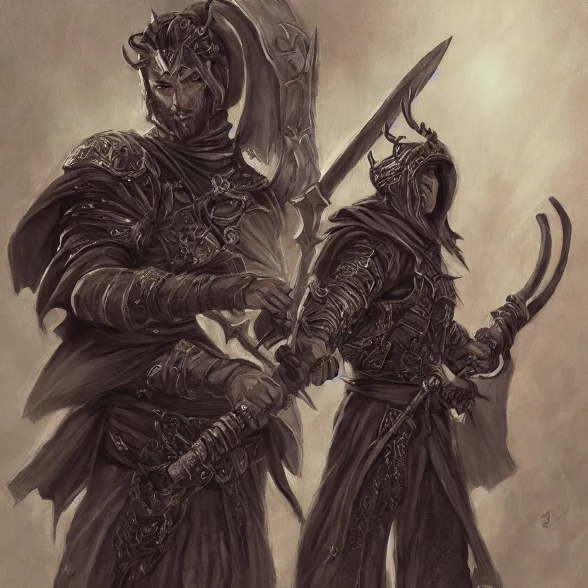 Image similar to an oil drawing of a gipsy tiefling with great sword in his hand in style of dark souls, a character portrait by muggur, disco elysium character, featured on deviantart, fantasy art, concept art, official art, hd mod