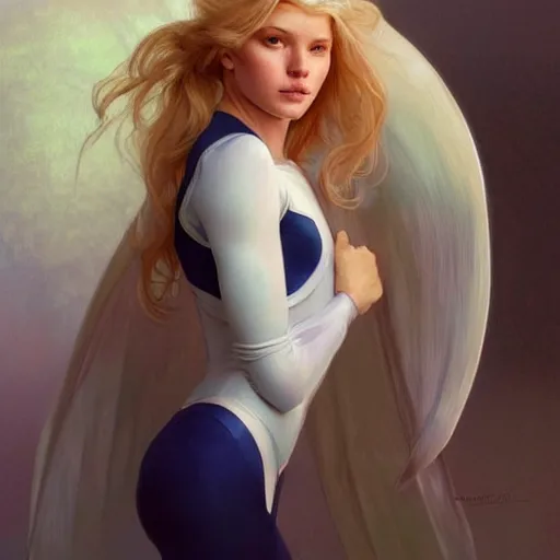 Image similar to a beautiful portrait of a beautiful cute teen superhero girl, blonde hair, tight matte navy - blue bodysuit, white cape, intricate, elegant, 8 k, highly detailed, digital painting, concept art, smooth, sharp focus, illustration, by artgerm greg rutkowski alphonse mucha loish wlop