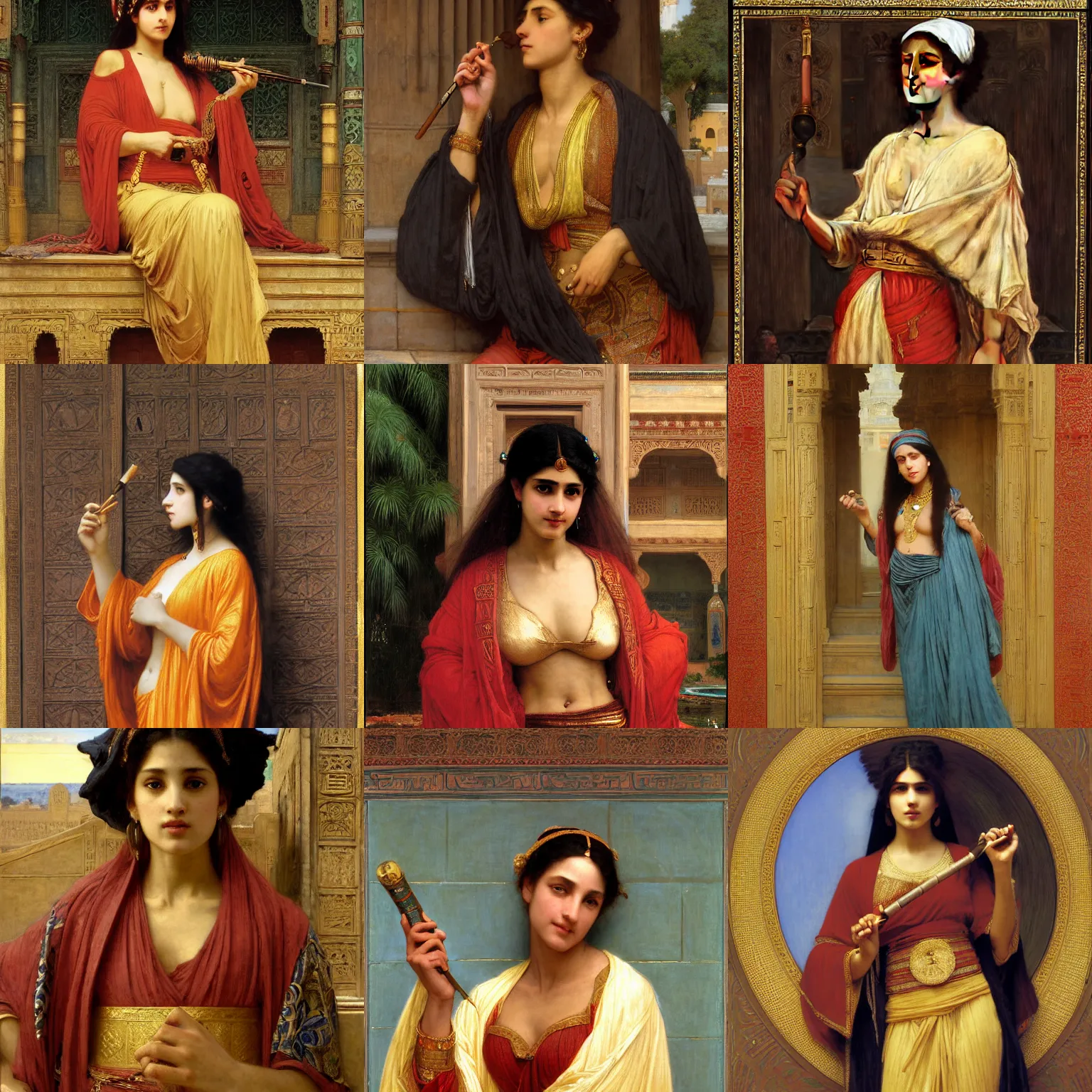 Image similar to orientalist portrait of a moorish female sage wearing a golden robe smoking a pipe in a sandstone temple intricate portrait by john william waterhouse and Edwin Longsden Long and Theodore Ralli and William-Adolphe Bouguereau, very coherent symmetrical artwork. Cinematic, hyper realism, high detail 8k