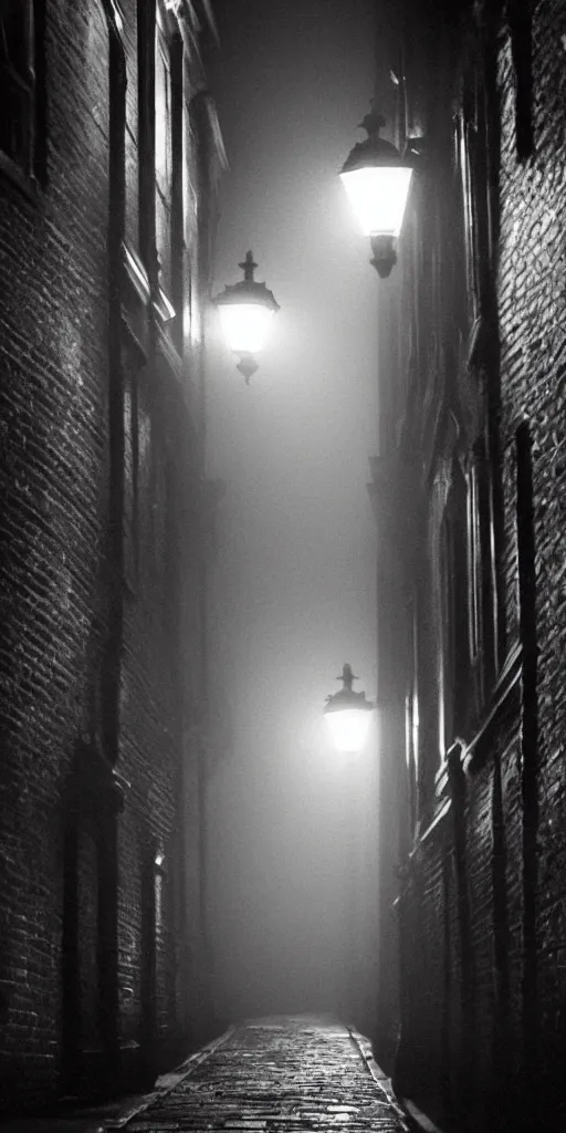 Prompt: night photo: Scary, foggy victorian alley in London with one distant gas light illuminating bloody cobblestones.