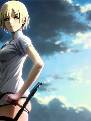 Prompt: annie leonhart with open toe heels standing wallpaper, anime screenshot, hyper realistic, pale skin, beautiful face, 1 0 8 0 p, extreme detail, detailed drawing, trending artstation, hd, fantasy, realistic lighting, sharp focus, backlit, attack on titan scenery, photorealism, octane render, cinematic lighting