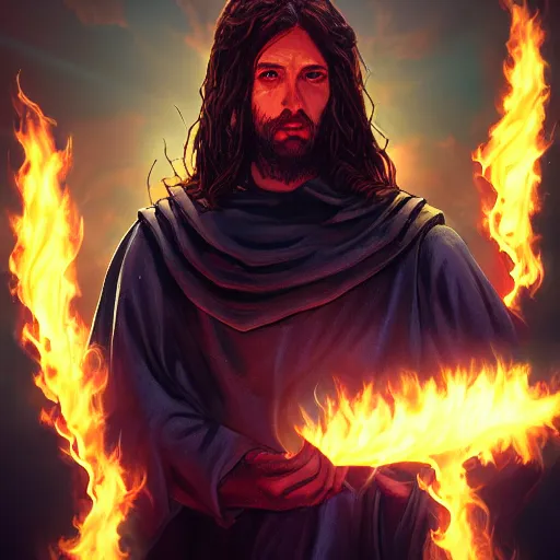 Image similar to A fantasy comic book style portrait painting ofJesus spell casting flames in a atmospheric dark fortress, unreal 5, magician, DAZ, hyperrealistic, octane render, RPG portrait, ambient light, dynamic lighting