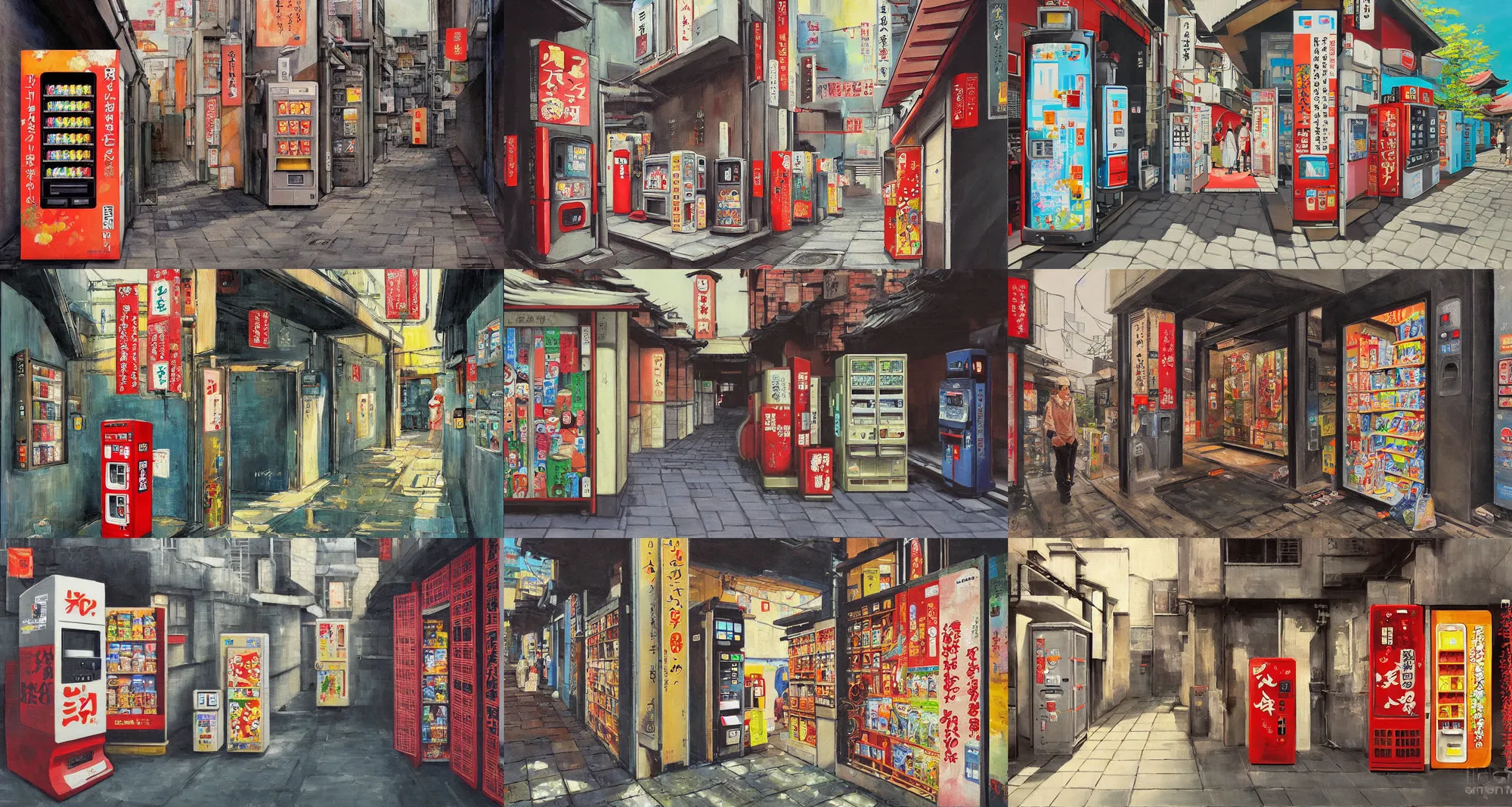 Prompt: beautiful painting of japanese alleyway with vending machine, by mateusz urbanowicz, hayao miyazki, mamoru hosoda