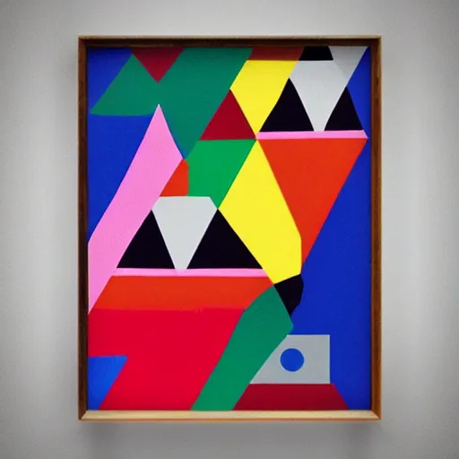 Image similar to A human face in 5 colorful triangles in the style of Bauhaus