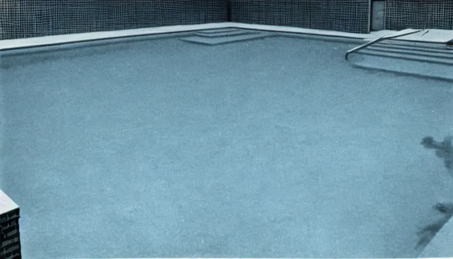 Image similar to 1 9 6 0 s movie still of an empty blue and yellow tiles swimmingpool, low quality, liminal space style