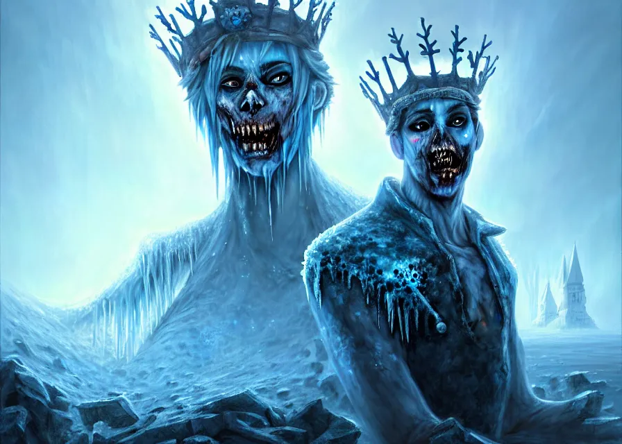 Prompt: frozen zombie man with a crown, eyes glow blue, broken ship in the background, is at dawn and bluish, fantasy, intricate, elegant, highly detailed, digital painting, artstation, concept art, matte, sharp focus, illustration, art by aenaluck and roberto ferri and greg rutkowski, epic fantasy, digital painting