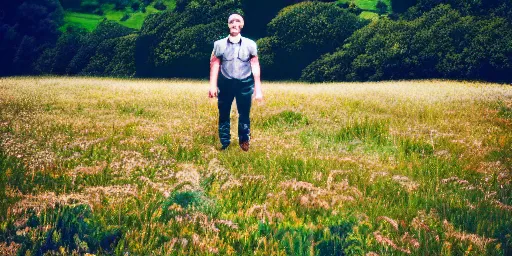 Prompt: a scotsman being happy in a meadow