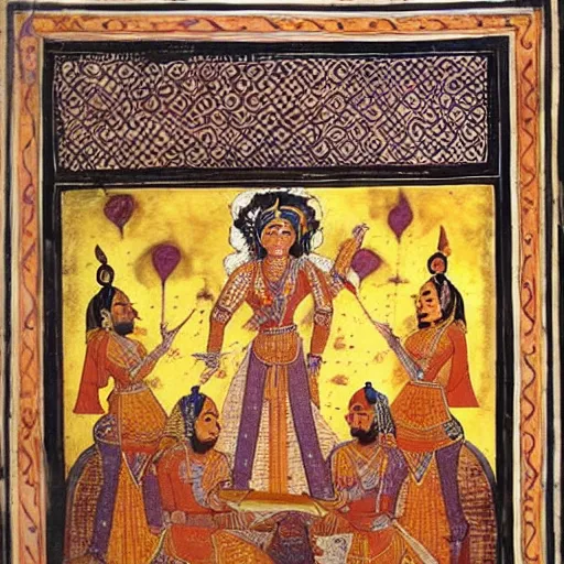 Image similar to woman warrior ascends to godhood. warriors watch in astonishment, holy mughal art painting by govardhan