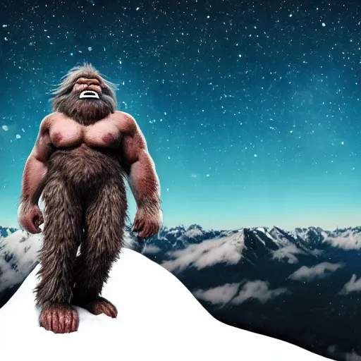 Image similar to muscular yeti on the top of a snowy mountain, galaxy in the sky