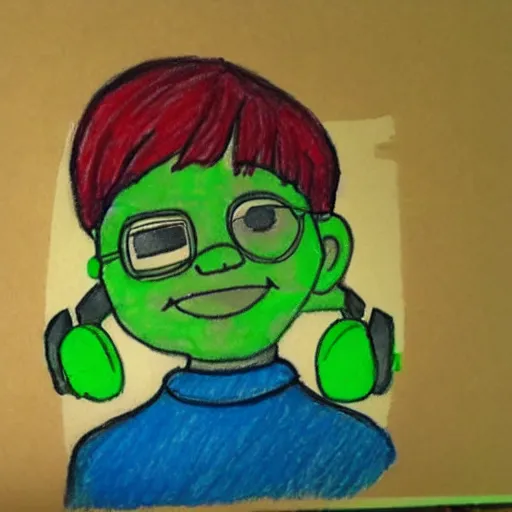 Image similar to crayon drawing of a kid with green headphones drawn by a 6 year old, photorealistic