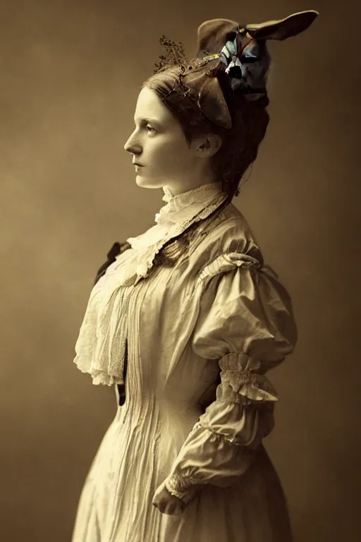 Prompt: wet plate photograph portrait of a victorian woman with a rabbit head for her head, dressed in a victorian - era clothing, dramatic lighting, highly detailed, digital painting, artstation, concept art, smooth, sharp focus, illustration, art by wlop, mars ravelo and greg rutkowski