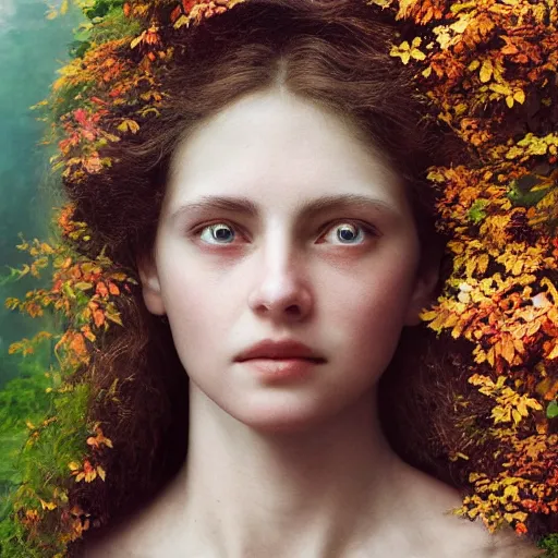 Prompt: photo portrait of a beautiful nature goddess, depth of field, zeiss lens, detailed, symmetrical, centered, by edward robert hughes, connor hibbs, annie leibovitz and steve mccurry, david lazar, jimmy nelsson, breathtaking, 8 k resolution, extremely detailed, beautiful, establishing shot, artistic, hyperrealistic, beautiful face, octane render