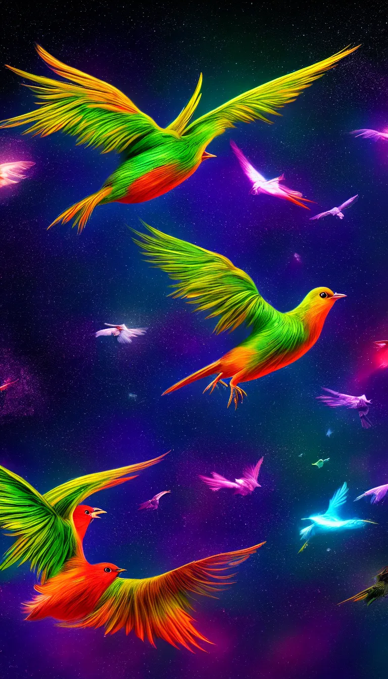 Prompt: highly detailed photo of seven colored bird flying in the dark space, hyper realistic, concept art, 8 k detail post - processing