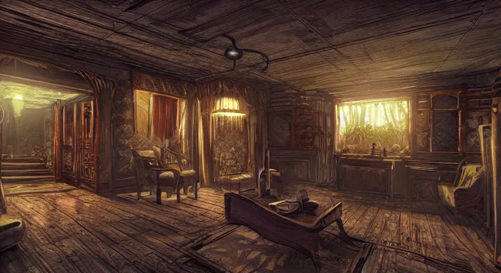 Prompt: creepy vampire mansion interior in the style of disco Elysium