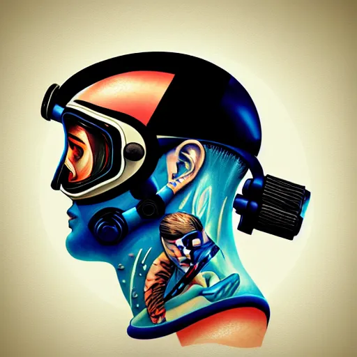 Image similar to a profile photo of a diver with diving helmet with tattoos on arm and neck, side profile in underwater, highly detailed, digital painting, artstation, sharp focus, illustration by Sandra Chevrier