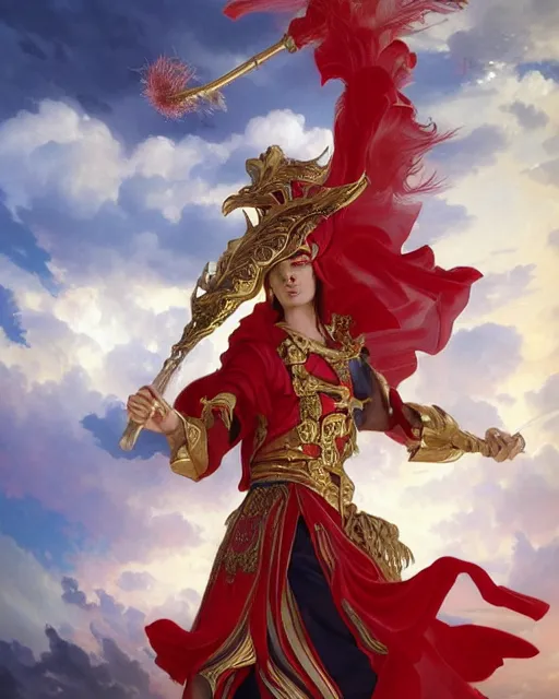 Image similar to A Full View of a Red Mage wearing red white and gold striped magical shining Conquistador armor and a feathered hat holding a staff of power with a gemstone topper surrounded by an epic cloudscape. Magus. Red Wizard. masterpiece. 4k digital illustration. by Ruan Jia and Artgerm and Andreas Rocha and William-Adolphe Bouguereau and Edmund Blair Leighton, award winning, Artstation, intricate details, realistic, Hyperdetailed, 8k resolution