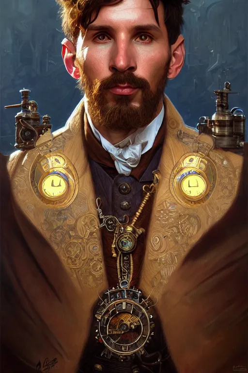 Prompt: Portrait of steampunk Lionel Messi, D&D, face, fantasy, intricate, elegant, highly detailed, digital painting, artstation, concept art, smooth, sharp focus, illustration, art by artgerm and greg rutkowski and alphonse mucha