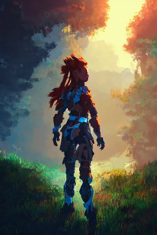 Image similar to combination suit armor aloy horizon forbidden west horizon zero dawn radiating a glowing aura global illumination ray tracing hdr fanart arstation by ian pesty and alena aenami artworks in 4 k tribal robot ninja mask helmet backpack