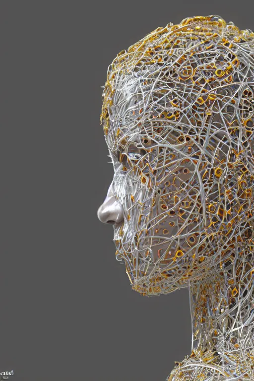 Prompt: a melancholic realistic 8k Sculpture of a complex robotic human face, liquid simulation, bright psychedelic color, dramatic lighting, silver gold red details, hexagonal mesh wire, filigree intricate details, cinematic, fleshy musculature, white blossoms, elegant, octane render, art nouveau, 8k post-processing, intricate art by John Collier and Albert Aublet and Krenz Cushart and Artem Demura and Alphonse Mucha