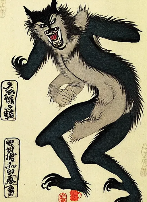 Prompt: a werewolf as a yokai illustrated by kawanabe kyosai and toriyama sekien