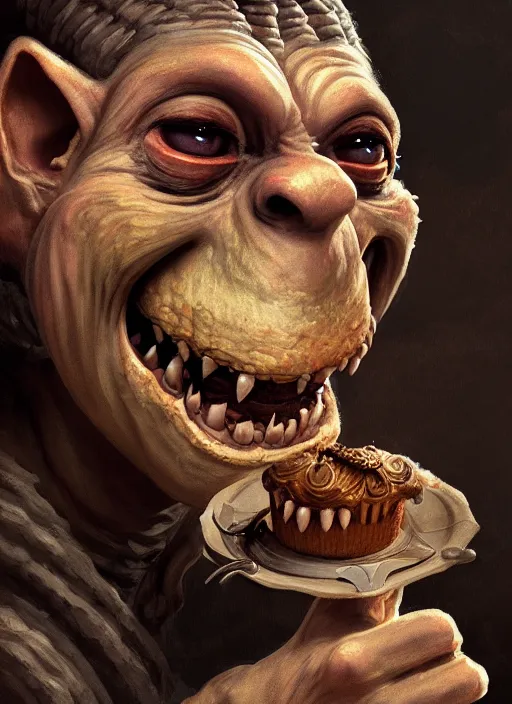 Image similar to profile face portrait of a medieval goblin eating cakes in the cloisters, beautiful face, hyper realistic, highly detailed, digital painting, artstation, illustration, concept art by hyung tae and frank frazetta, digital paint, matte paint, washed colors, dark, gloomy