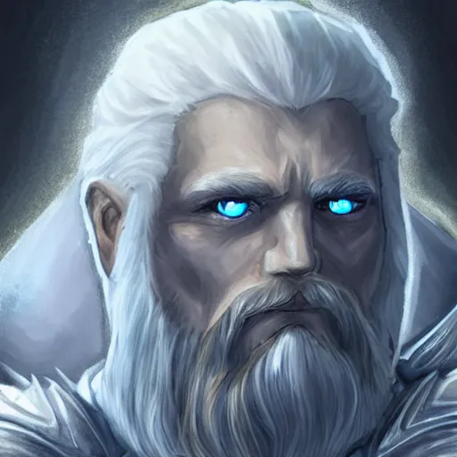 Prompt: A portrait of an Aasimar Paladin with glowing blue eyes, pale grey skin, silver full beard, and silver hair. He has a longsword and wears full plate armor. Epic Dungeons and Dragons fantasy art.