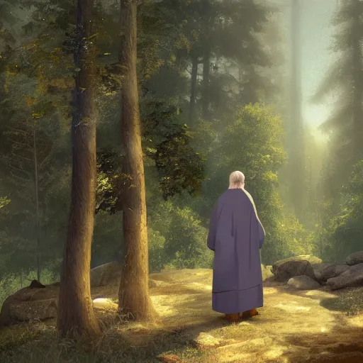 Prompt: st. seraphim of sarov talking to a bear in the woods highly detailed, digital painting, concept art, sharp focus, by makoto shinkai