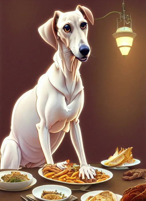 Prompt: white brown greyhound stealing food, natural lighting, path traced, highly detailed, high quality, digital painting, by don bluth and ross tran and studio ghibli and alphonse mucha, artgerm