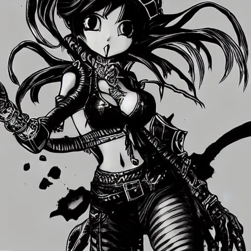 Image similar to Jinx (league of legends, 2009), artwork by kentaro miura, Kentaro Miura style, Berserk Style, High details, cinematic composition, manga, black and white ink style, a lot of details with ink shadows