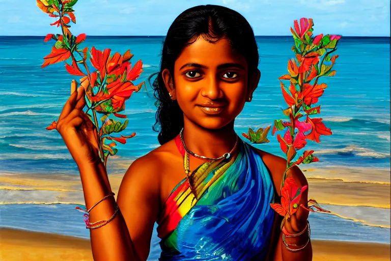 Image similar to a happy sri lankan girl at the beach with iridescent skin by kehinde wiley