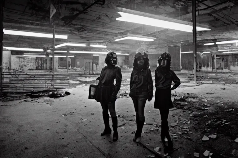 Prompt: girls in welding masks in abandoned supermarket, ominous lighting, by richard avedon, tri - x pan stock