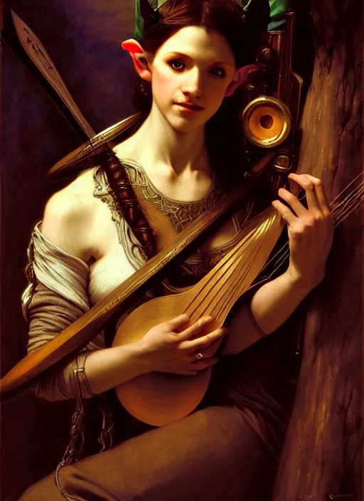 Image similar to elf bard playing lute, full body, hyper realistic, extremely detailed, dnd character art portrait, dark fantasy art, intricate fantasy painting, dramatic lighting, vivid colors, deviantart, artstation, by edgar maxence and caravaggio and michael whelan and delacroix.