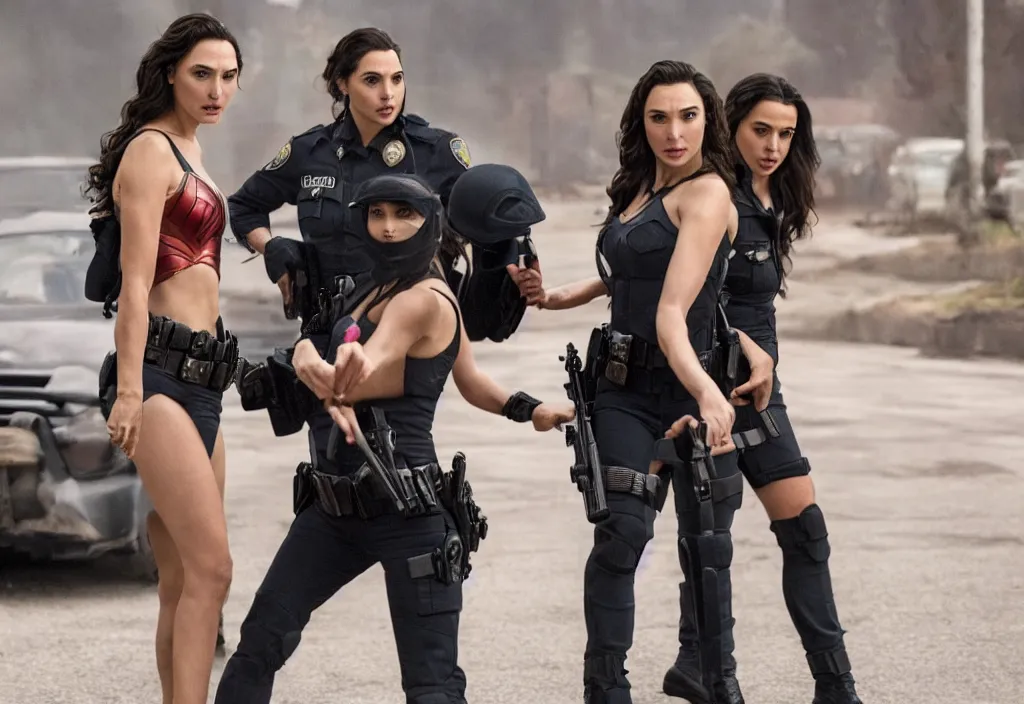 Image similar to movie still of gal gadot and demi rose as two cops switching bodies in the new oscar winning movie, directed by russo brothers, natural lighting, subject in the middle of the frame, 4 kuhd