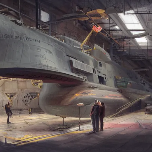 Prompt: two men looking at a Los Angeles-class nuclear attack submarine in an indoor drydock, crane with heavy equipment overhead, highly detailed, artificial lighting, concept art, by artgerm and greg rutkowski and alphonse mucha