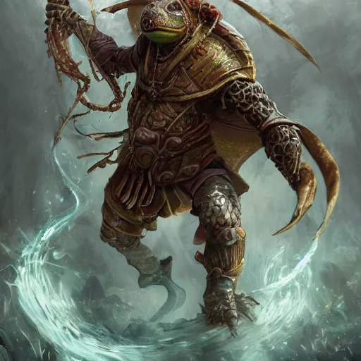 Prompt: Anthropomorphized Turtle casting epic spell, magic the gathering artwork, D&D, fantasy, cinematic lighting, centered, symmetrical, highly detailed, digital painting, artstation, concept art, smooth, sharp focus, illustration, volumetric lighting, epic Composition, 8k, art by Akihiko Yoshida and Greg Rutkowski and Craig Mullins, heroic pose, oil painting, cgsociety, magic lab background