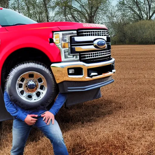 Image similar to A photograph of a man standing next to a red Ford F-250 super duty pickup truck (2018) in a farm field, photo taken in 2018