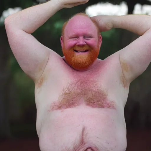 Prompt: 3 / 4 upper body of a 5 0 year old ginger men with crooked teeth, balding, overweight