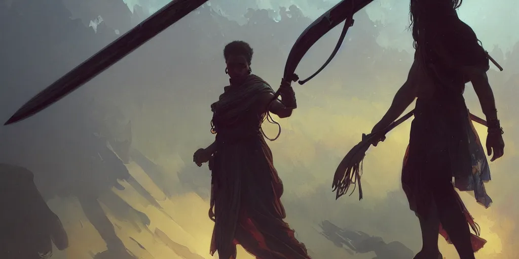 Prompt: a nomad holding a long neon sword, highly detailed, digital painting, artstation, concept art, sharp focus, illustration, art by greg rutkowski and alphonse mucha